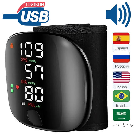 LED Rechargeable Wrist Blood Pressure Monitor English / Russian / Portuguese / Spanish Voice Broadcast