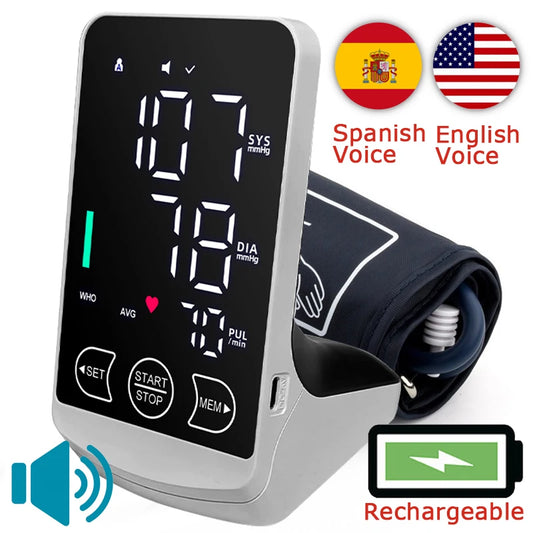 Arm Blood Pressure Monitor Digital Tensiometer English/Spanish Voice Large Display Screen Rechargeable Automatic Tonometer