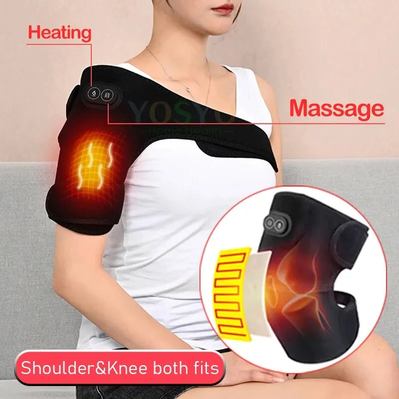 Electric Shoulder Brace Heated Knee Massager Vibration Massage Black Support Strap with Adjustable Three Levels of Heating